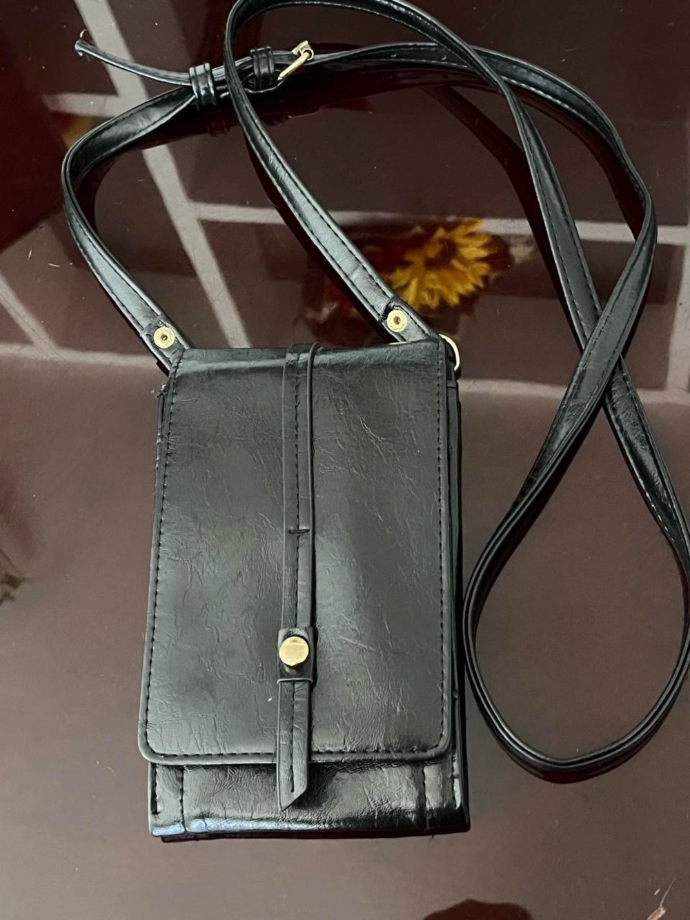 Time and Tru Black Faux-Leather Crossbody Phone Bag with Strap